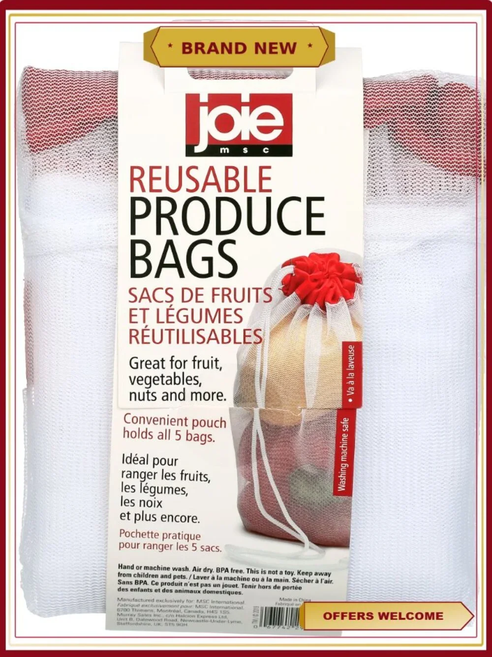 Reusable Mesh Produce Bags Set of 5 for Grocery Shopping & Organization